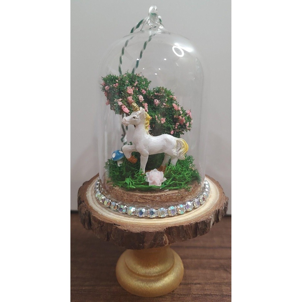 Unicorn Ornament Handmade Dome Cloche Diorama Fairy Garden Mushroom Tree Flowers